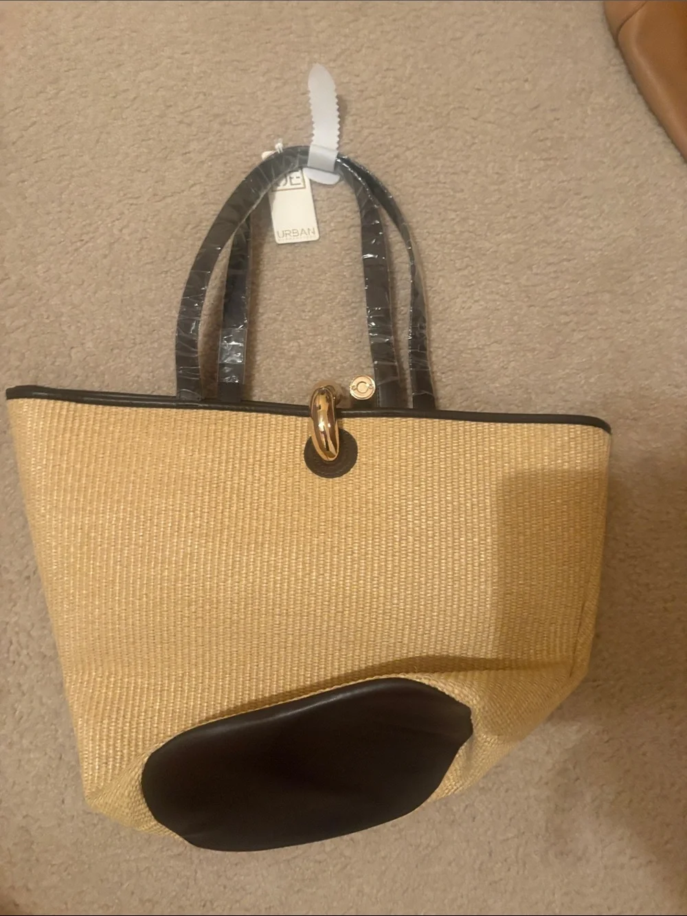 Urban Expressions Natural Straw Tote with Black Trim and Pocket